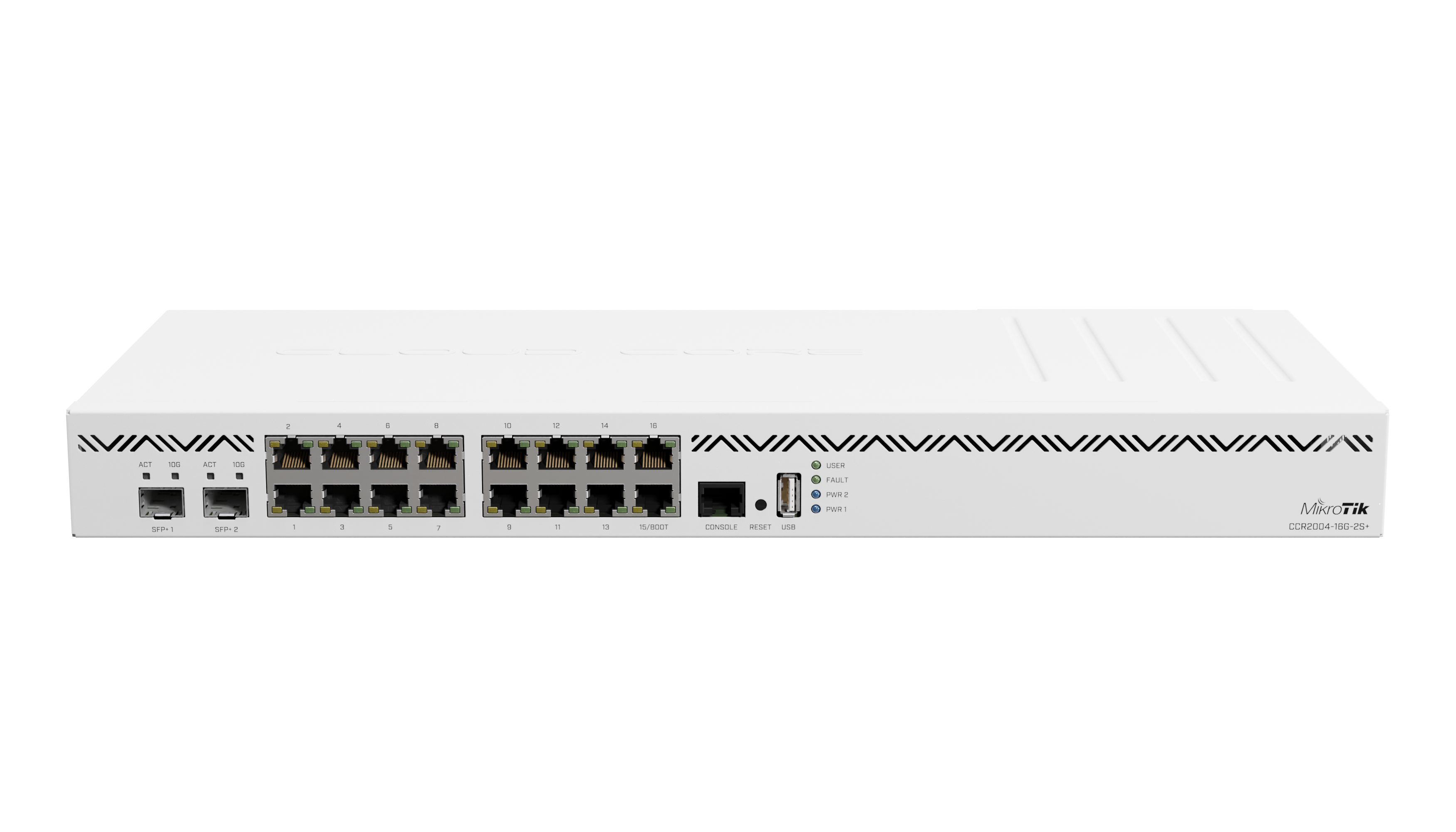 Mikrotik Cloud Core Router CCR2004-16G-2S+, 2x10G SFP+ ports, 16x Gigabit LAN ports, 1x RJ45 Serial port, 4 core CPU, 4 GB RAM, Dual redundant power supply, CPU and PCB temperature monitor, RouterOS L6 | Cloud Core Router | CCR2004-16G-2S+ | No Wi-Fi | 1 | 12 month(s)