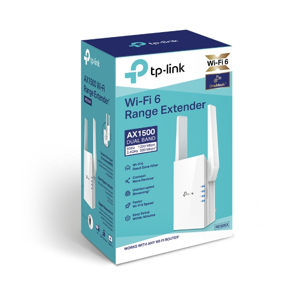 TP-LINK | Extender | RE505X | 802.11ax | 2.4GHz/5GHz | 300+1200 Mbit/s | 10/100/1000 Mbit/s | Ethernet LAN (RJ-45) ports 1 | MU-MiMO No | no PoE | Antenna type 2xExternal