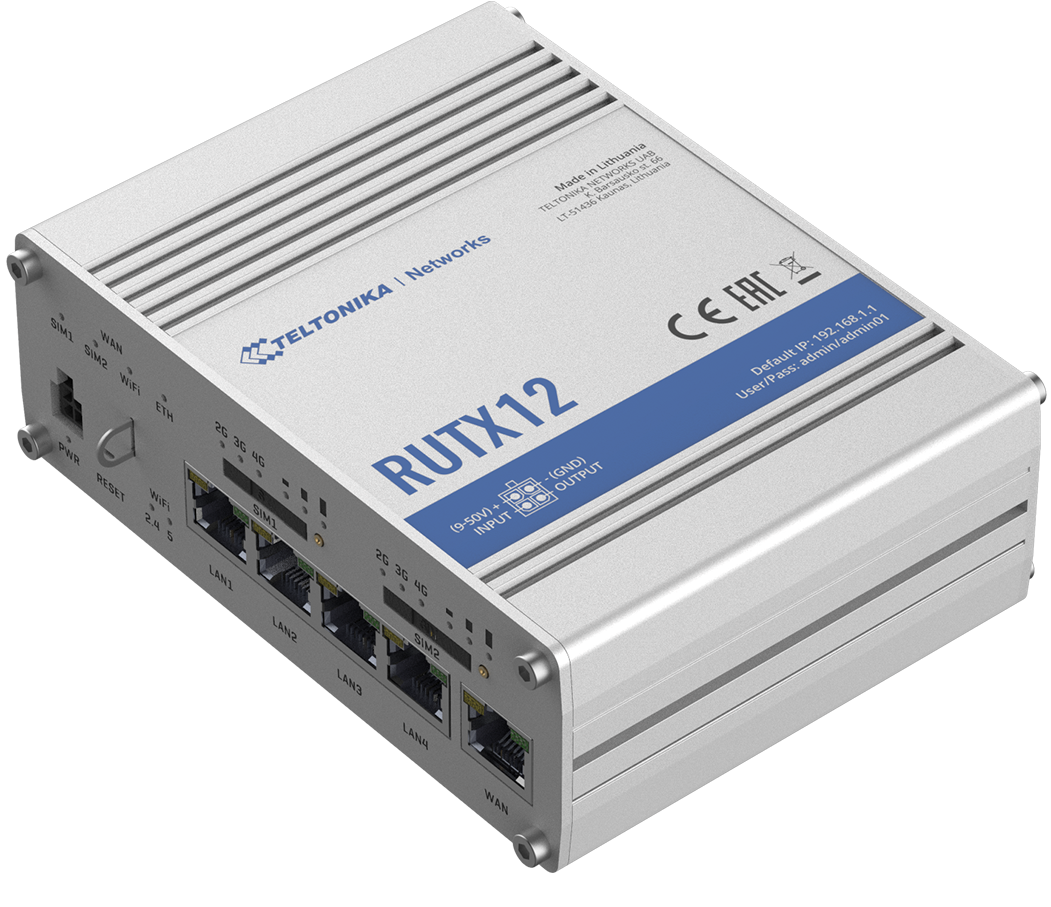 Dual LTE Cat 6 Router | RUTX12 | 802.11ac | 867 Mbit/s | 10/100/1000 Mbit/s | Ethernet LAN (RJ-45) ports 4 | Mesh Support No | MU-MiMO Yes | 4G | Antenna type 4xSMA for LTE, 2xRP-SMA for WiFi, 1xRP-SMA for Bluetooth, 1xSMA for GNNS | 1 x USB A