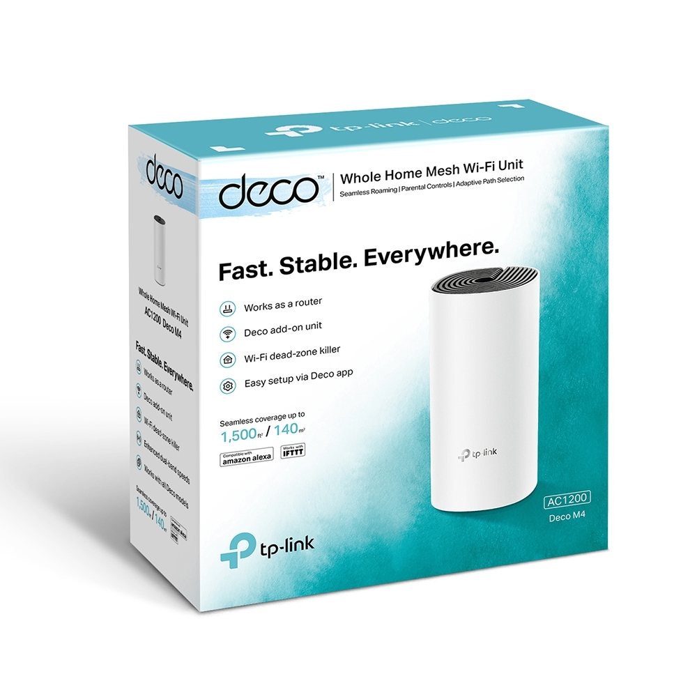 AC1200 Whole Home Mesh WiFi System | Deco M4 (1-pack) | 802.11ac | 867+300 Mbit/s | 10/100/1000 Mbit/s | Ethernet LAN (RJ-45) ports 2 | Mesh Support Yes | MU-MiMO Yes | No mobile broadband | Antenna type 2xInternal