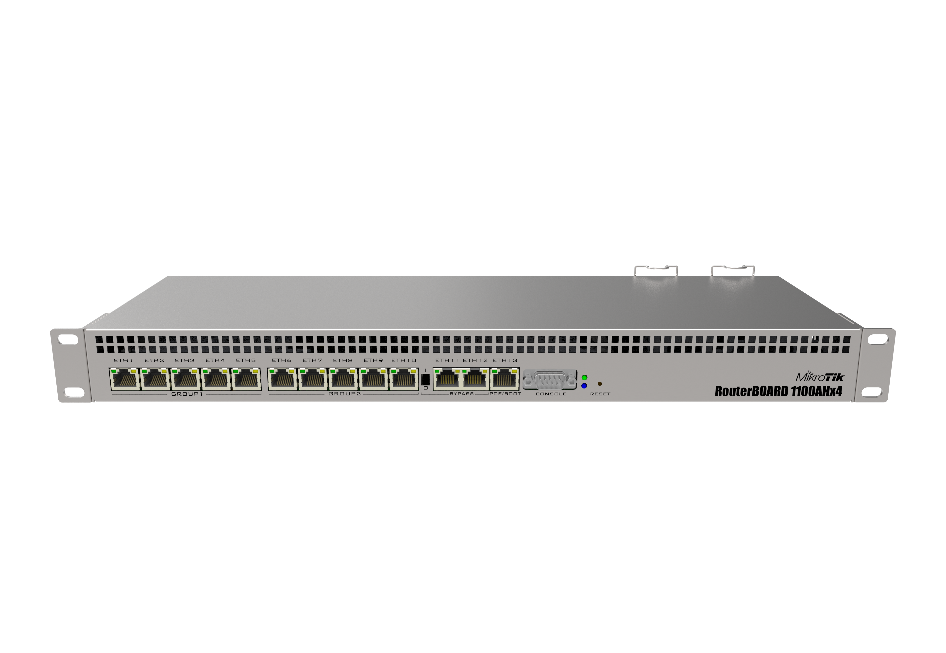 Mikrotik Wired Ethernet Router RB1100x4, 1U Rackmount, Quad core 1.4GHz CPU, 1 GB RAM, 128 MB, 13xGigabit LAN, 1xSerial console port RS232, PCB Temperature and Voltage Monitor, IP20, RouterOS L6 | Wired Ethernet Router | RB1100AHx4 | No Wi-Fi | 10/100/1000 Mbit/s | Ethernet LAN (RJ-45) ports 13 | Mesh Support No | MU-MiMO No | No mobile broadband | 12 month(s)