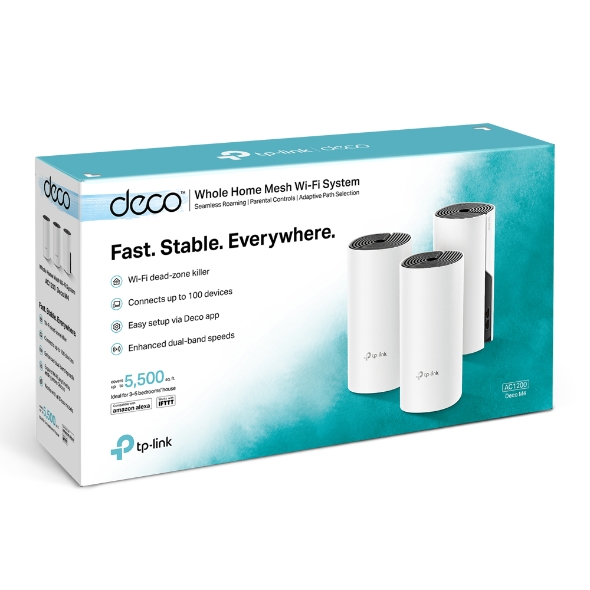 Whole Home Mesh WiFi System | Deco M4 (3-Pack) | 802.11ac | 300+867 Mbit/s | 10/100/1000 Mbit/s | Ethernet LAN (RJ-45) ports 2 | Mesh Support Yes | MU-MiMO Yes | No mobile broadband | Antenna type 2xInternal | No