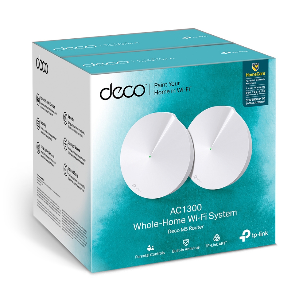 AC1300 Whole Home Mesh Wi-Fi System | Deco M5 (2-pack) | 802.11ac | 867+400 Mbit/s | 10/100/1000 Mbit/s | Ethernet LAN (RJ-45) ports 2 | Mesh Support Yes | MU-MiMO Yes | No mobile broadband | Antenna type 4xInternal per Deco uni