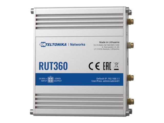 Teltonika Industrial Cellular Router RUT360 LTE CAT6 1 x LAN ports, 10/100 Mbps, compliance with IEEE 802.3, IEEE 802.3u standards, supports auto MDI/MDIX crossover Mbit/s Ethernet LAN (RJ-45) ports 2 x RJ45 ports, 10/100 Mbps Mesh Support No MU-MiMO Yes 3G/4G data sharing Antenna type 2 x SMA for LTE, 2 x RP-SMA for WiFi