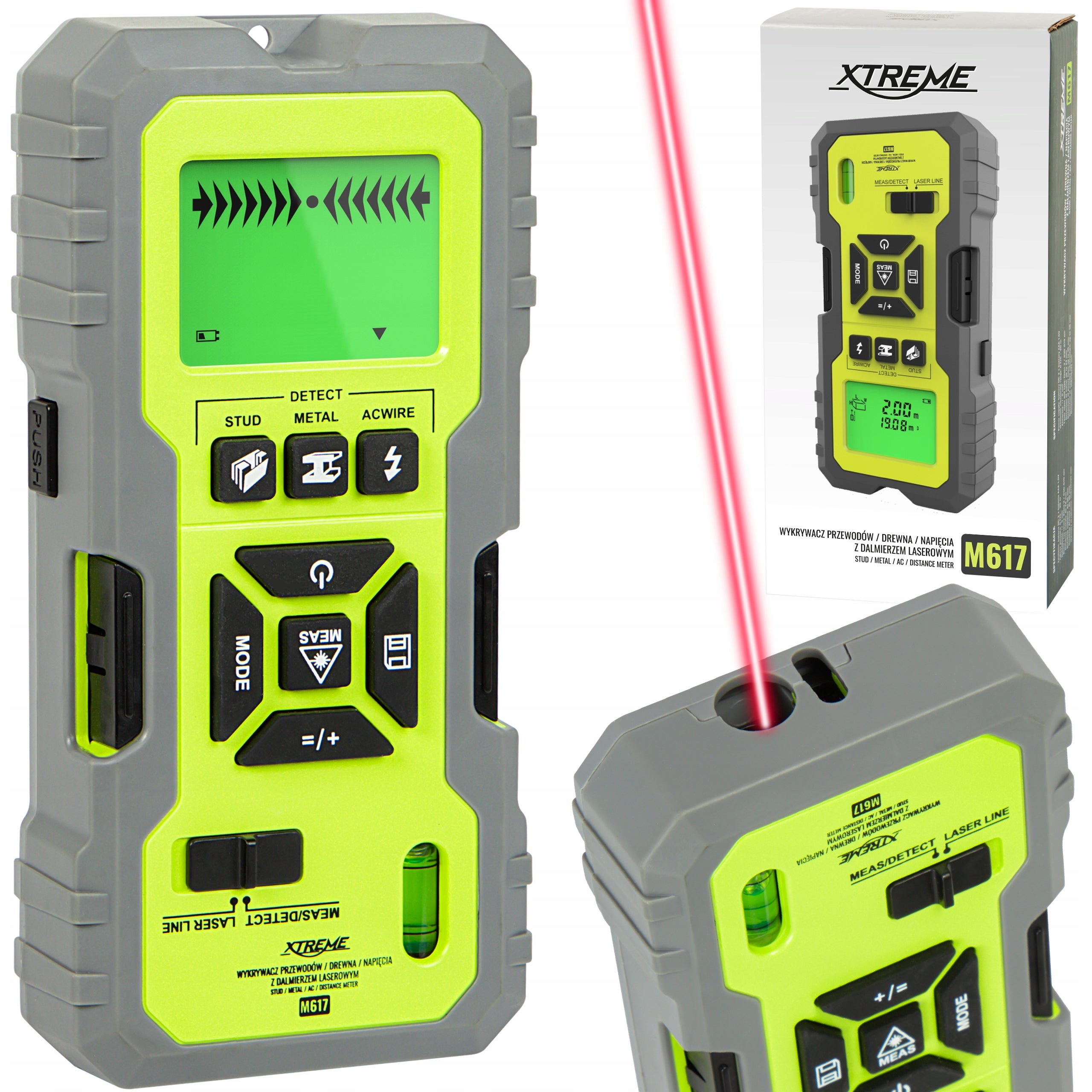 Detektorius 5in1 su medienos, metalo, įtampos laidų aptikimu ir lazeriniu atstumo matuokliu Xtreme M617