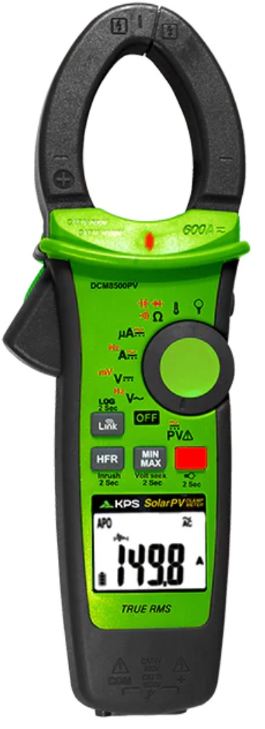 Srovės matavimo replės PV,  D37mm, TRMS, NCV, 600A AC/DC,  1500/2000V AC/DC, 600mV DC, 10kHz, 600kOm, 1000uF, -40-400C, 6000 LCD, BT, KPS