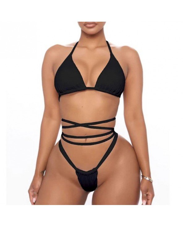 Stringai Moteris Bikinio rinkinys Mada Maudymosi kostiumas Vientisa spalva Bandage Stretch Bodycon Mini Bikini Moterų maudymosi