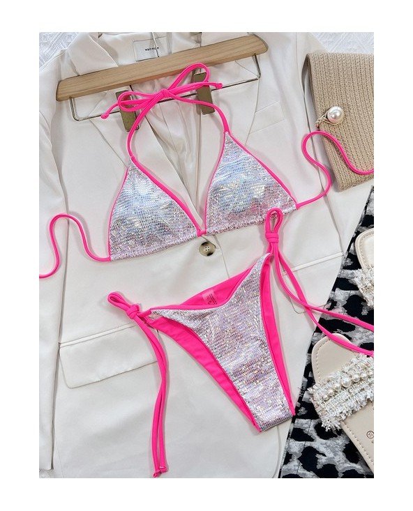 Seksualūs bikiniai Naujas vasaros blizgus mikro bikinių rinkinys Bandage Swimsuit Moterų maudymosi kostiumėliai Moterų maudymosi