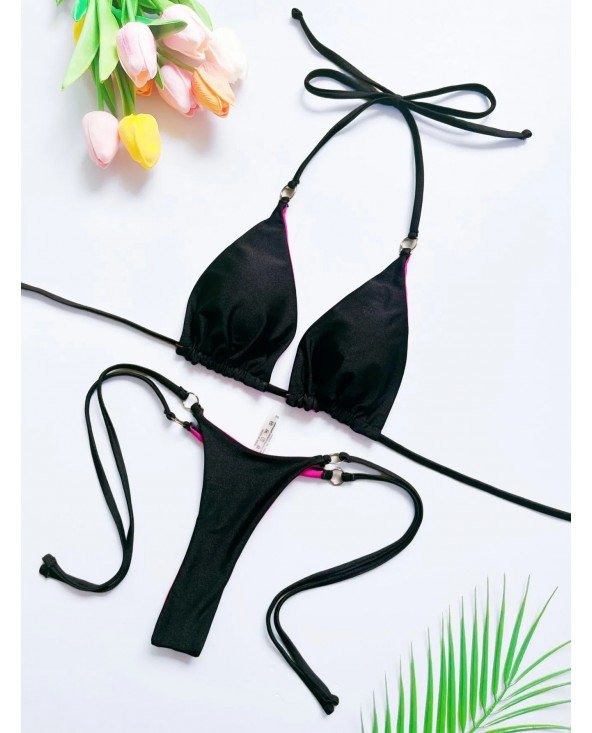 Naujas seksualus „SolidBandage“ bikinio komplektas moterims, dviejų dalių, trikampis maudymosi kostiumėlis, braziliškas bikinis