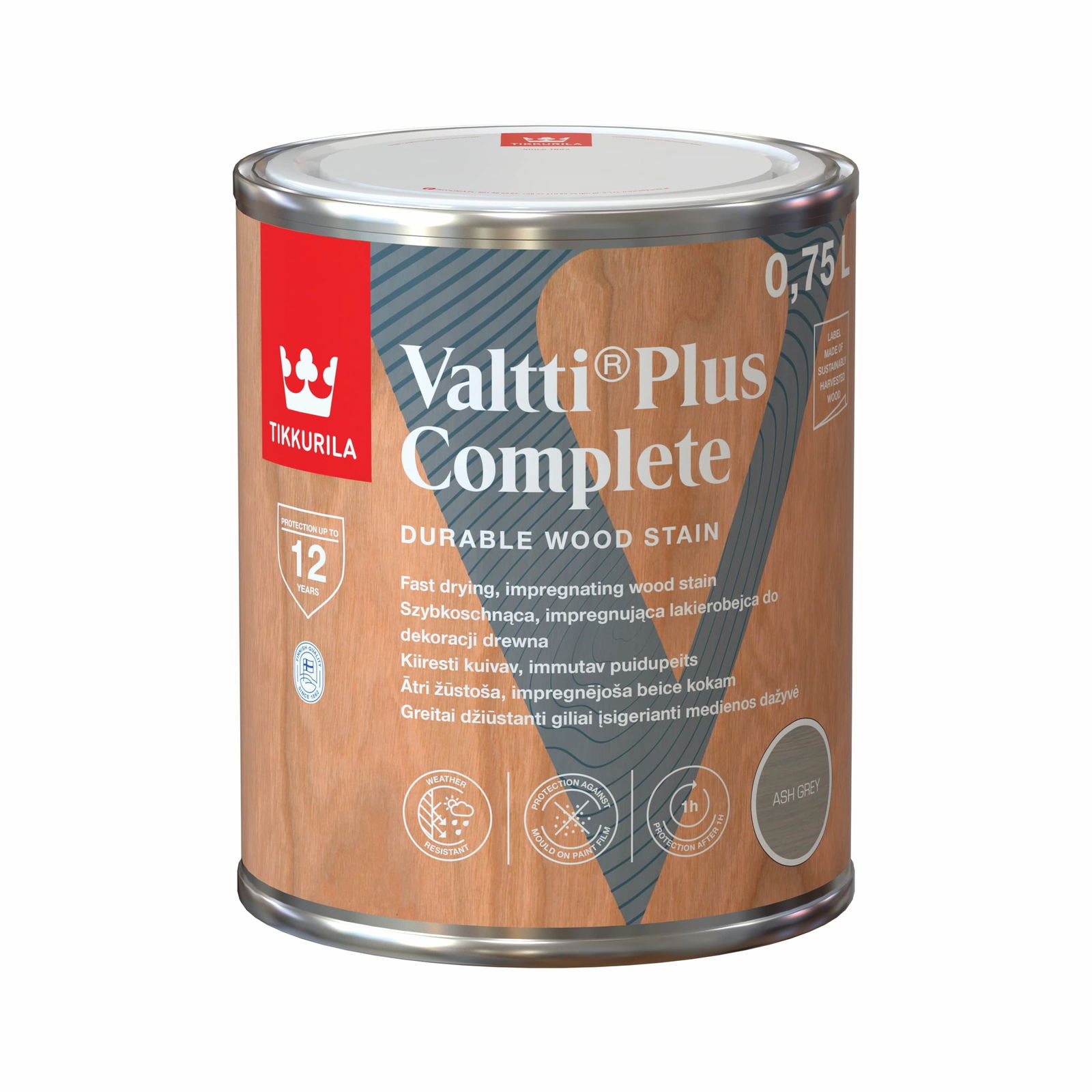 Medienos dažyvė TIKKURILA VALTTI PLUS COMPLETE, šilko matiniai, pilkos sp., 0,75 l