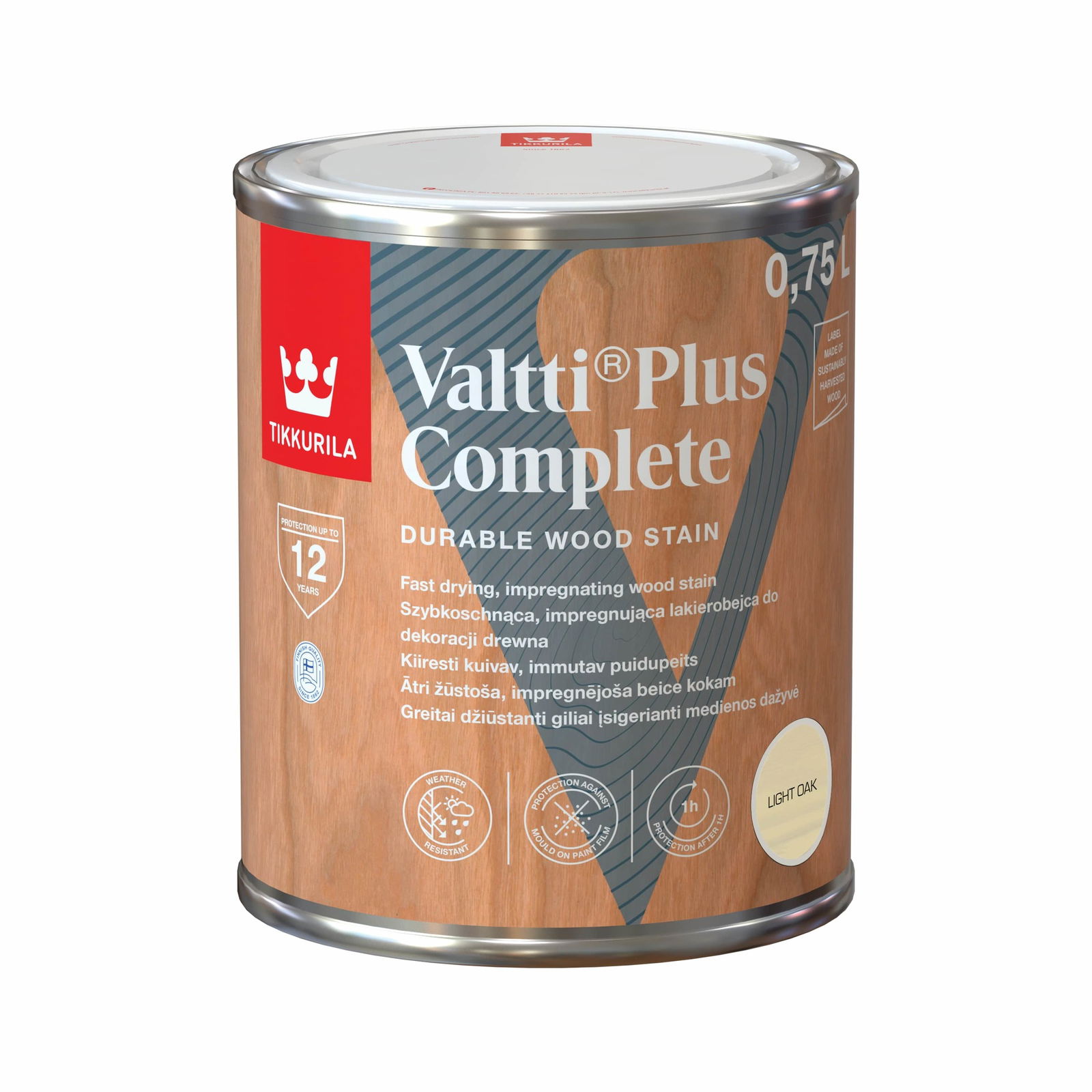 Medienos dažyvė TIKKURILA VALTTI PLUS COMPLETE, šilko matiniai, šviesaus ąžuolo sp., 0,75 l