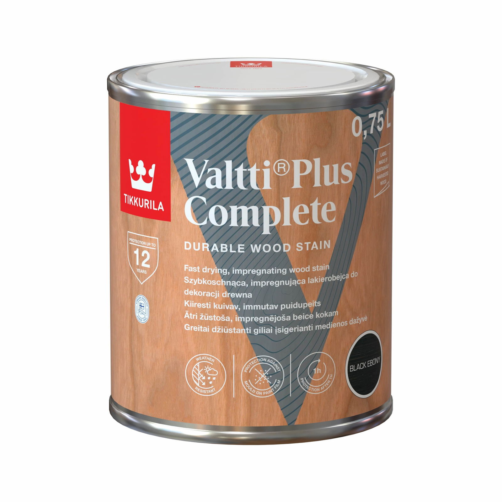 Medienos dažyvė TIKKURILA VALTTI PLUS COMPLETE, šilko matiniai, juodos sp., 0,75 l