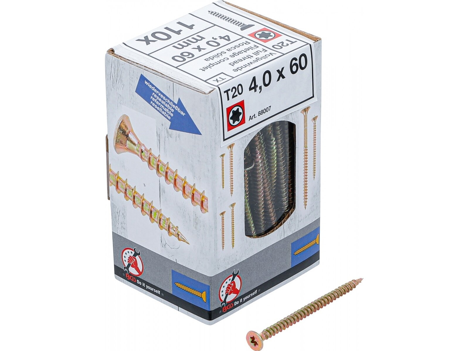 Medienos ir plastiko varžtai galvanizuoti | T-Star T20 | 4.0 x 60 mm | 110 vnt. (88007)