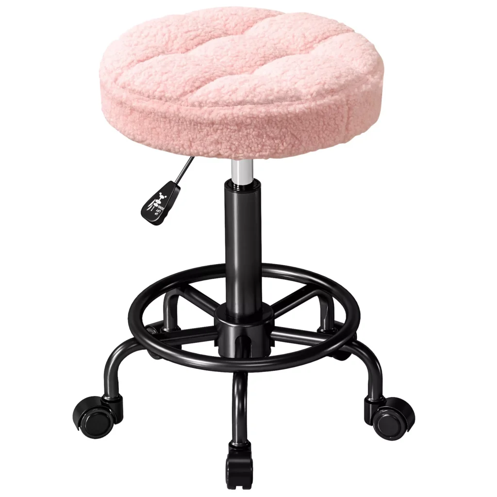 HOMCOM taburetė su ratukais, reguliuojamo aukščio 50-66 cm, besisukanti 360°, biuro taburetė, kėdė biurui, salonui, masažo kabinetui, spa, rožinė