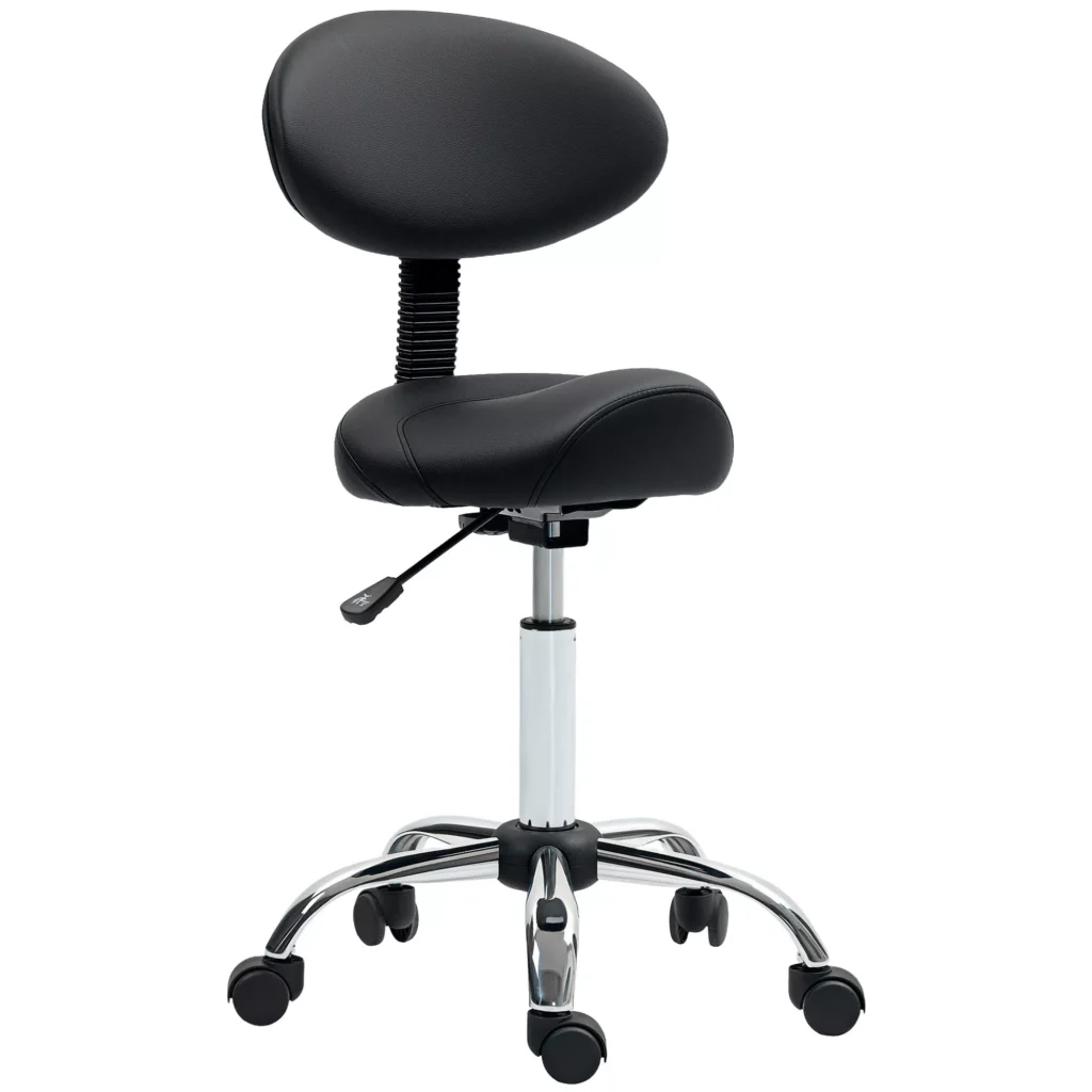 HOMCOM Sukamasis taburetė su atlošu, reguliuojamas aukštis 83-98 cm, darbinis taburetė 360° pasukama biurui, salonui