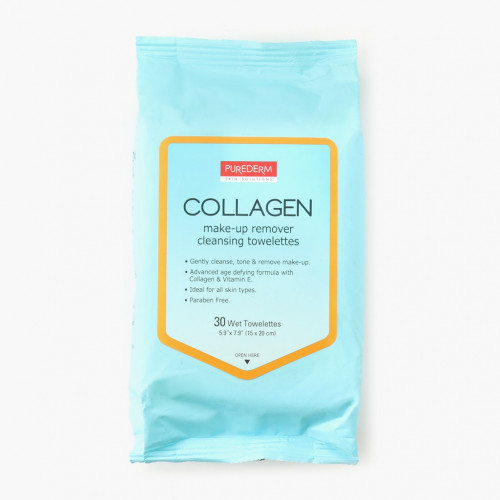 Purederm Collagen Make-Up Remover Cleansing Towelettes Drėgnos servetėlės makiažui valyti, 30vnt