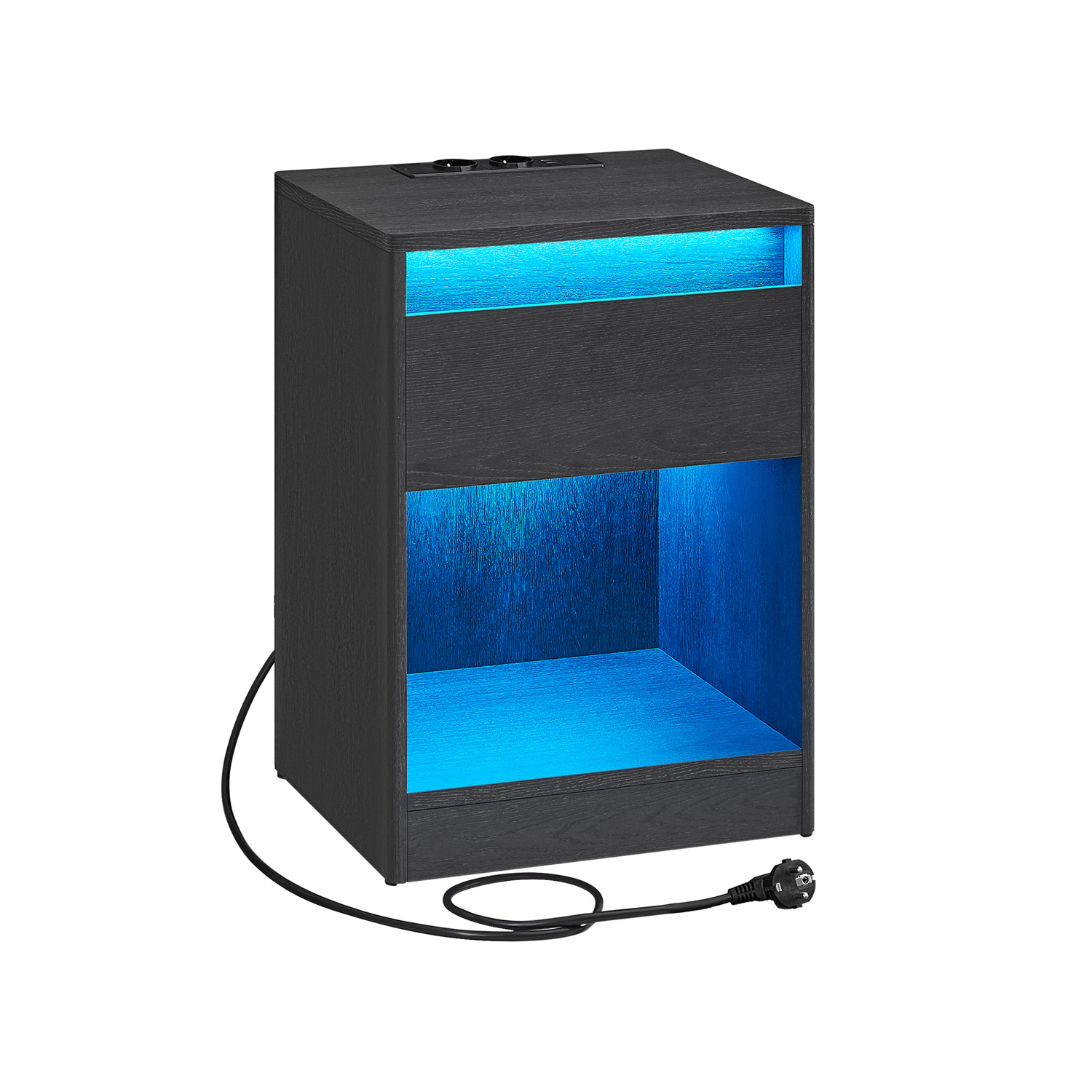Naktinis staliukas su USB, el. lizdais ir LED apšvietimu | 35 x 40 x 55 cm | Juoda