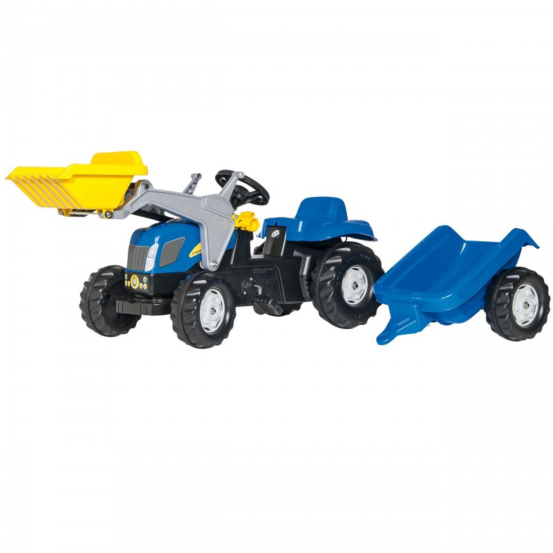 Vaikiškas minamas traktorius su kaušu ir priekaba - Rolly Toys Kid New Holland, mėlynas