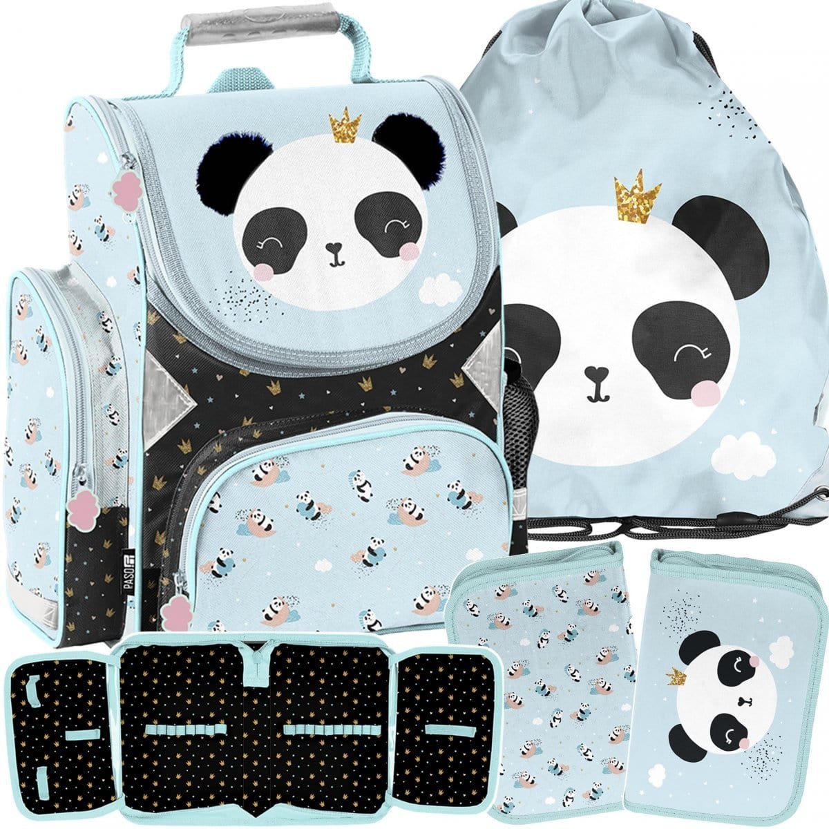 Ergonominė Kuprinė Pirmokui Mėtinė Panda 36 cm Mokyklinis Rinkinys 3in1 IP1029