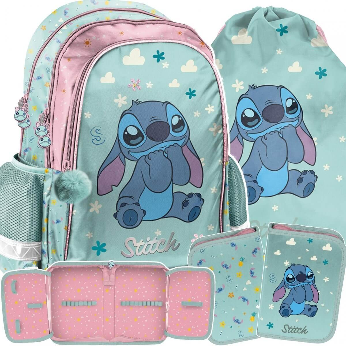 STITCH Mokyklinė Kuprinė Su Pieštukine Ir Sportiniu Maišeliu