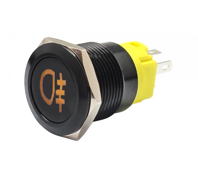 Mygtukas OFF-(ON) nefiks, 12V, 16mm, metalinis, 1NO 1NC,su laidu,  juodas su geltonu pašvietimu (priešrūkinis)