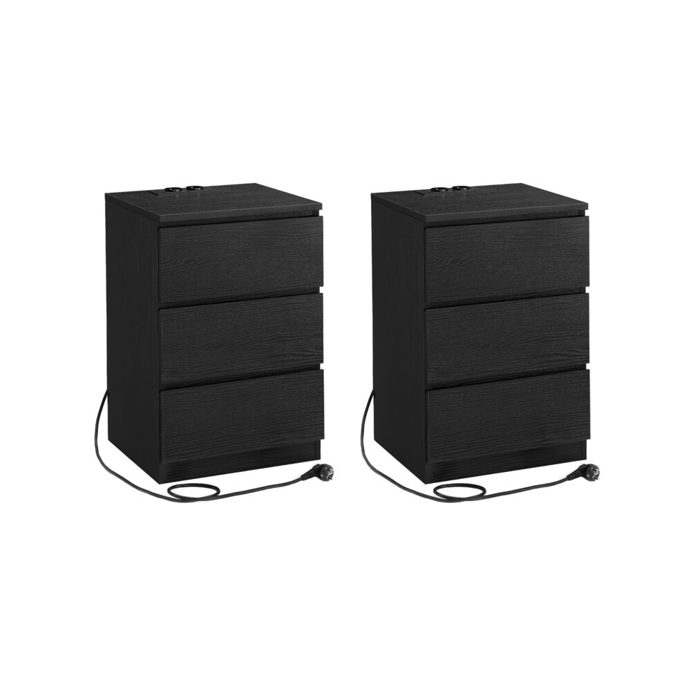 2 naktinių spintelių komplektas | USB ir el. lizdai | 3 stalčiai | Juoda