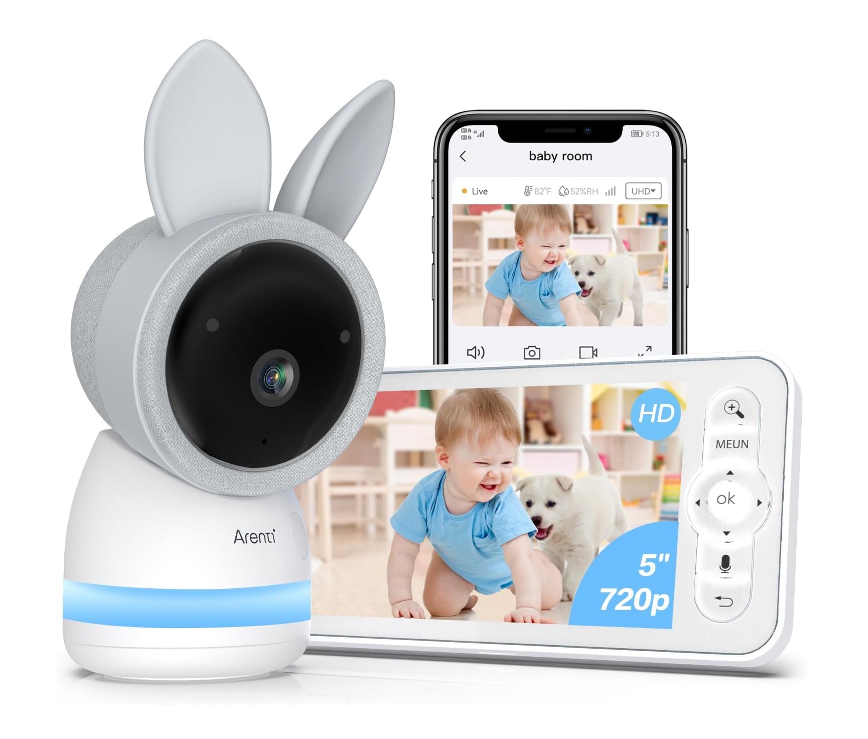 Mobili auklė, kamera su nešiojamu 5'' LCD ekranu, 3MP 2K UHD, Wi-Fi, valdoma, su temperatūros Ir drėgmės matavimu
