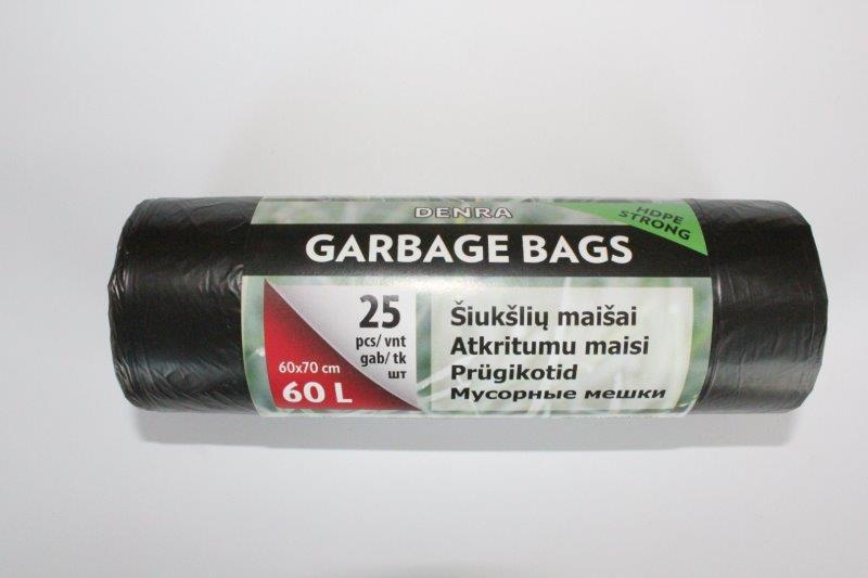 Šiukšlių maišai HDPE, juodos sp., 7 mikr., 60 l, 25 vnt.