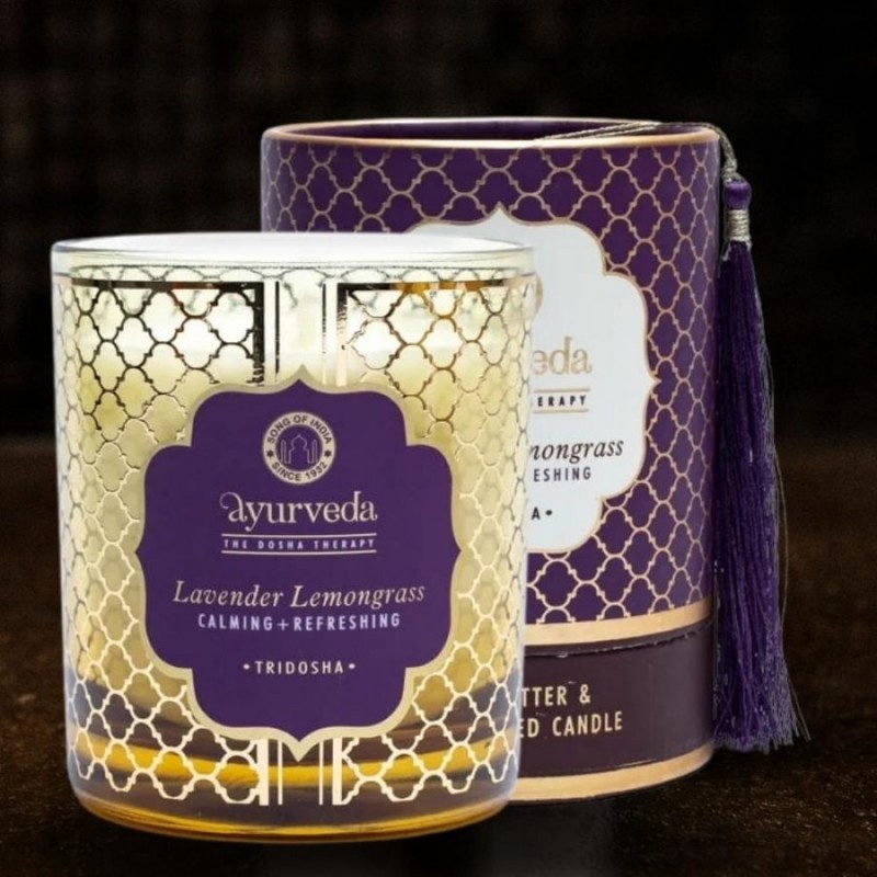 Kvapioji žvakė stikliniame indelyje  Tridosha Lavender Lemongrass Song of India 200g