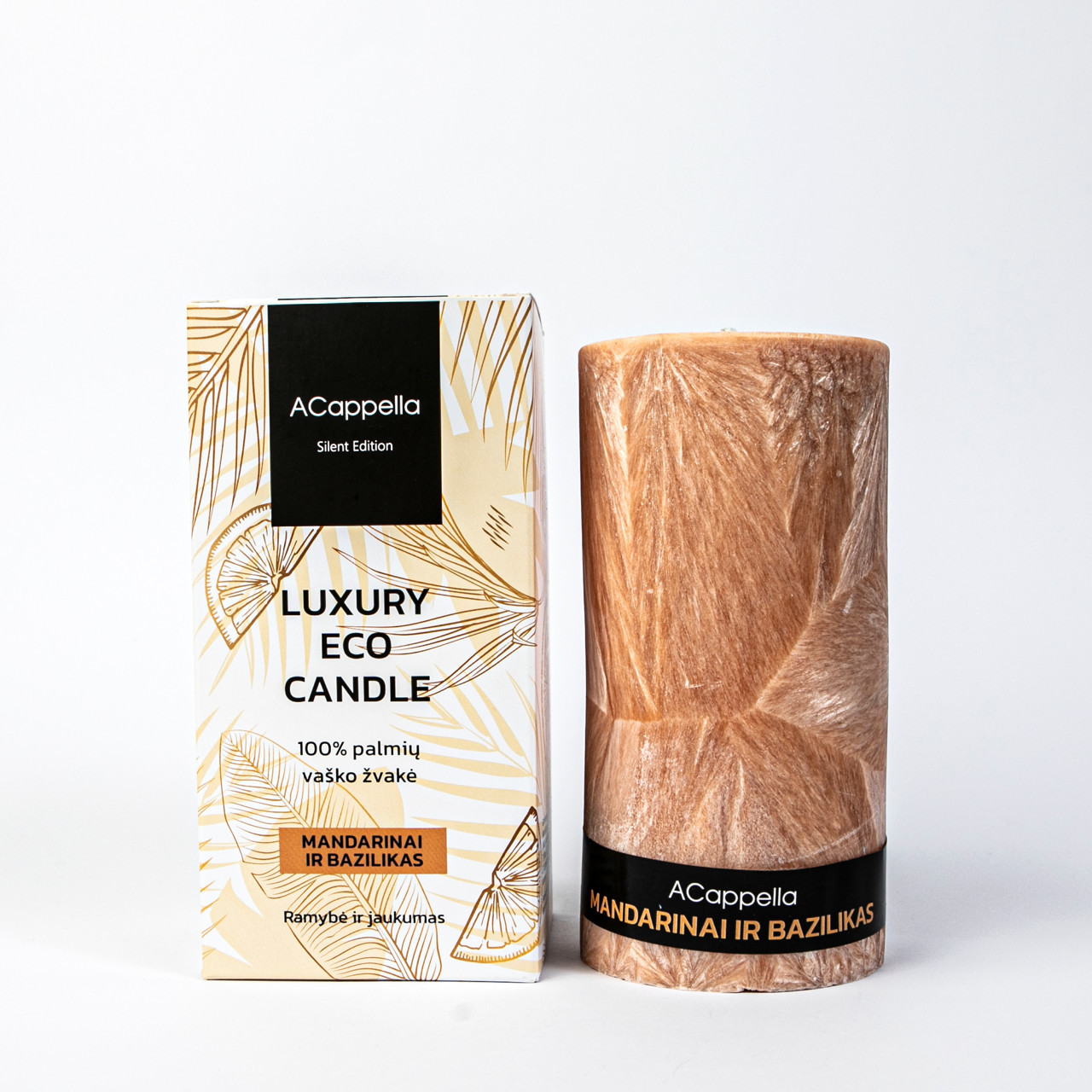 Accapella Rankų darbo 100% palmių vaško kvapni žvakė ,,Mandarinas ir bazilikas'', 16 cm