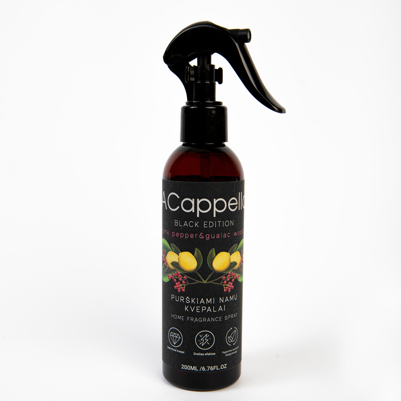 ACAPPELLA Black Edition purškiami namų kvepalai, Pink Pepper & Guaiac Wood, 200 ml