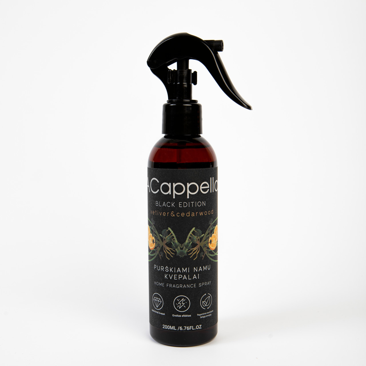 ACAPPELLA Black Edition purškiami namų kvepalai, Vetiver & cedarwood, 200 ml