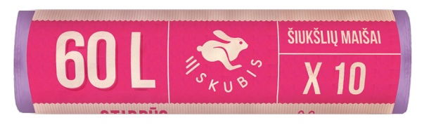 Šiukšlių maišai SKUBIS, stiprūs, užrišami, levandų kvapo, violetinės sp., 25 mikr., 60 l, 10 vnt.
