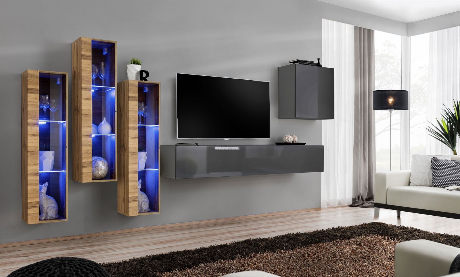 Sekcija Switch XIII su LED apšvietimu, ąžuolo/tamsiai pilka