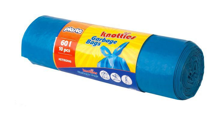 Šiukšlių maišai TRASH PANDA KNOTTIES, užrišami, mėlynos sp., 30 mikr, 60 l, 10 vnt.