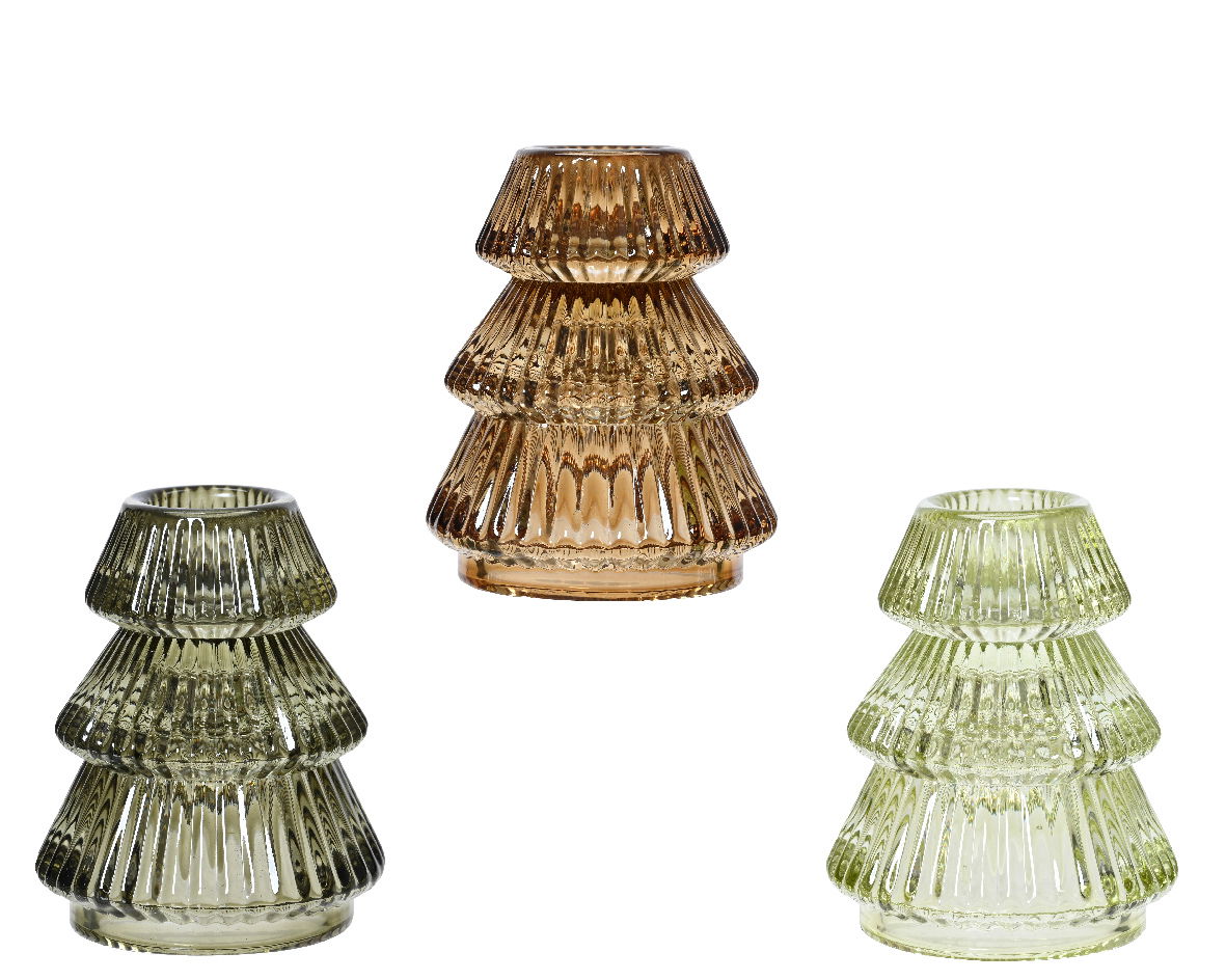 Stiklinė žvakide CHRISTMAS TREE, žalsvos/rusvos sp., 3 rūšys, 6,5 x 8 cm, 1 vnt