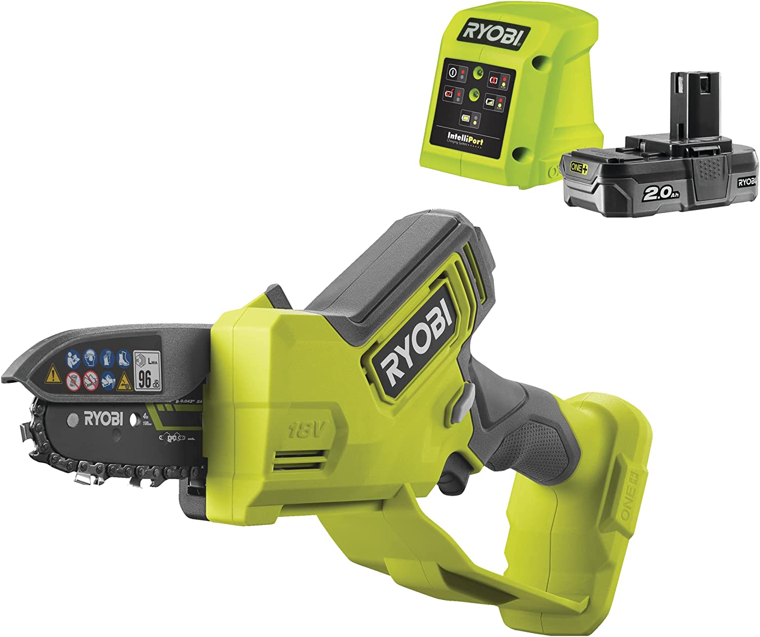 Akumuliatorinis grandininis genėjimo pjūklas RYOBI ONE+ RY18PSX10A-120, 18 V, 2,0 Ah, 10 cm