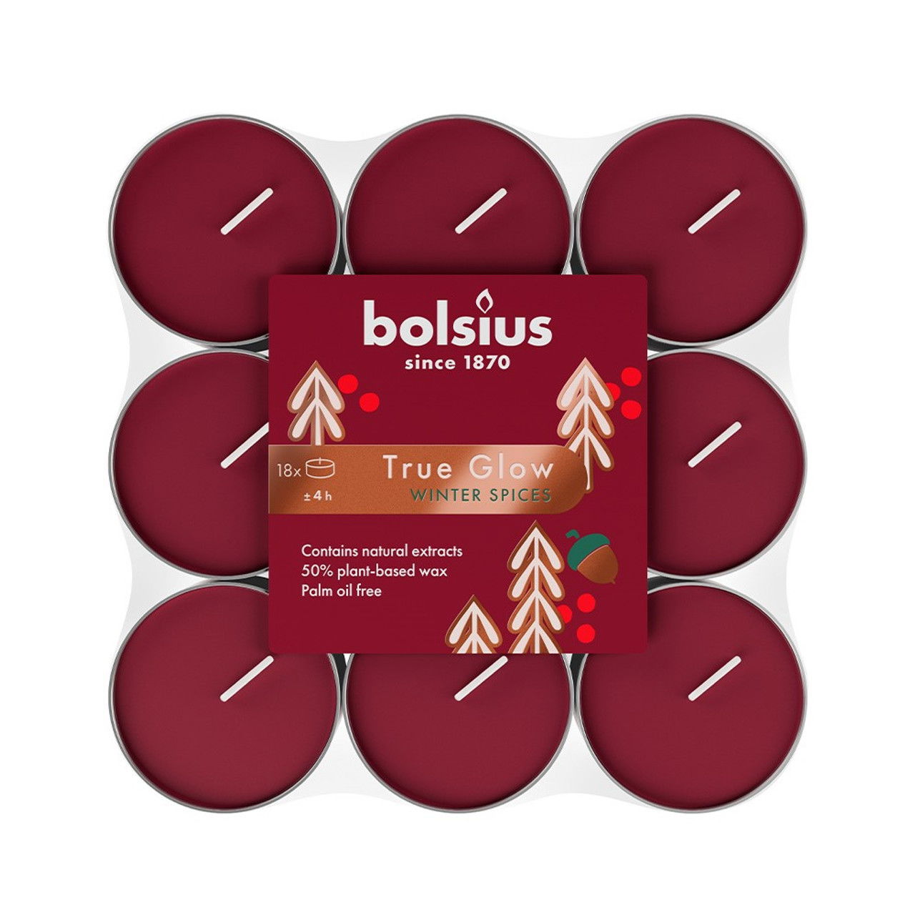 Kvepiančios skridininės žvakės BOLSIUS WINTER SPICES, raudonos sp., 18 vnt