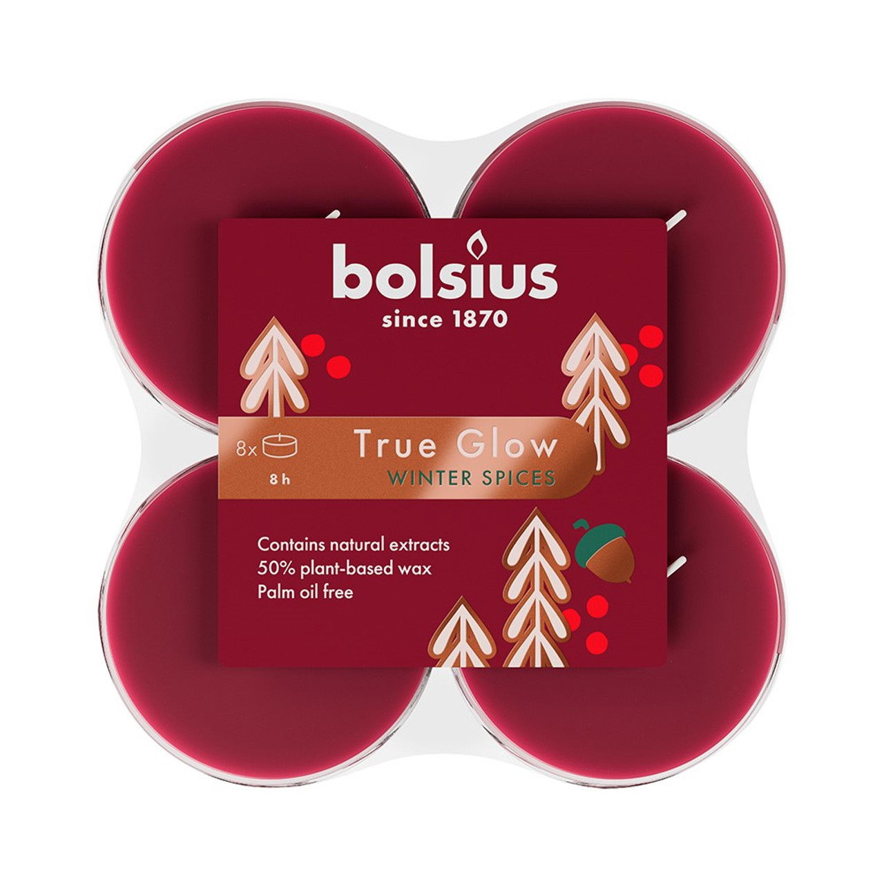Kvepiančios skridininės žvakės BOLSIUS WINTER SPICES, raudonos sp., 8 vnt