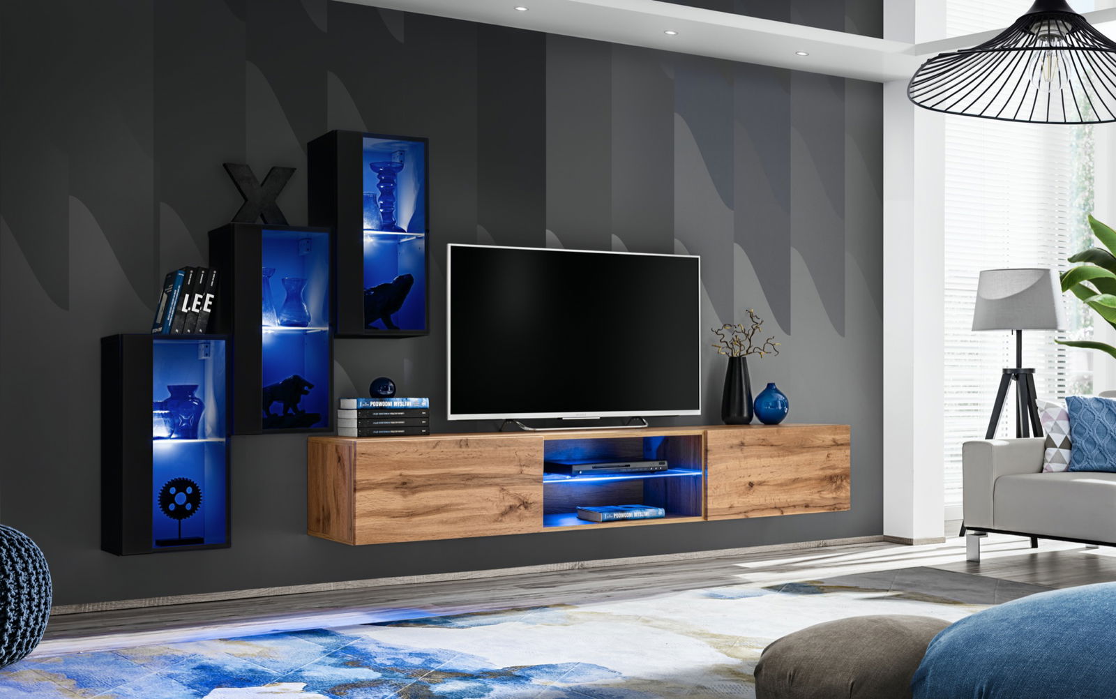 Sekcija Switch XXII su LED apšvietimu, juoda/ąžuolo