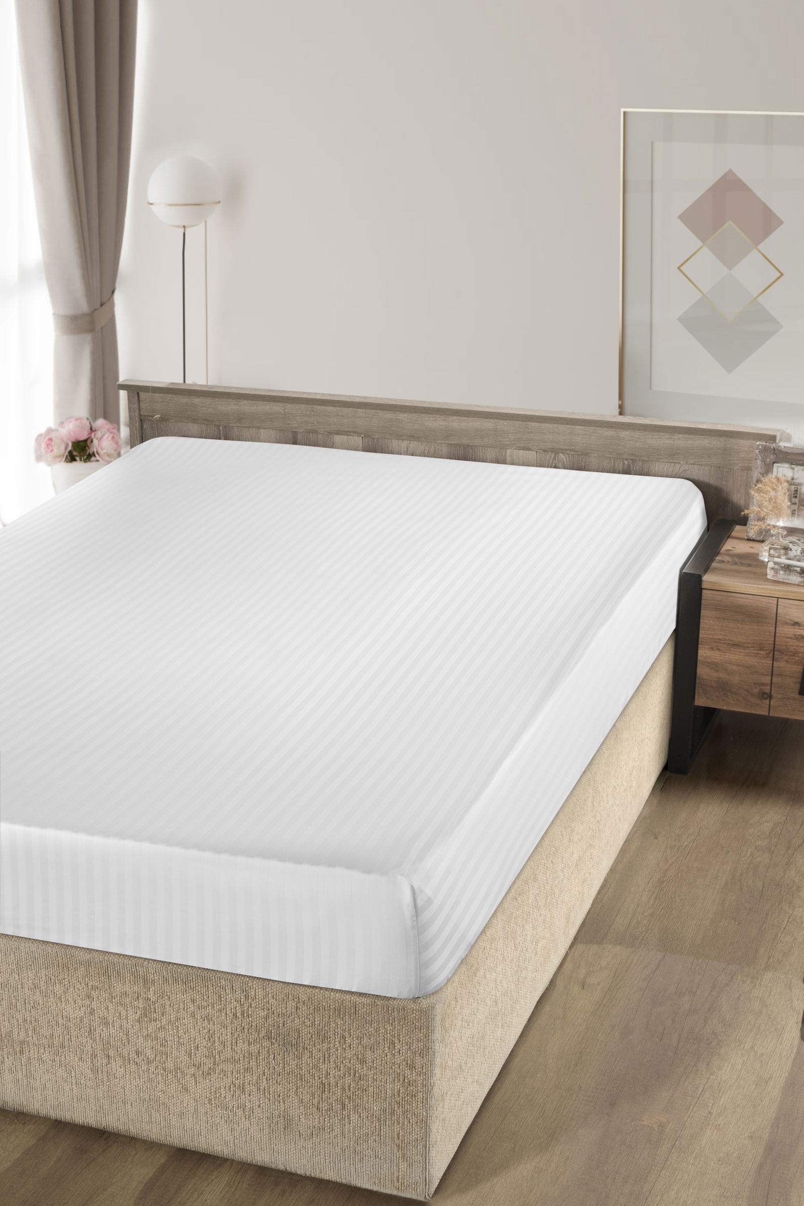 Medvilninė paklodė su guma CREYA WHITE, 140 x 200 + 25 cm, baltos sp., 100% medvilnės