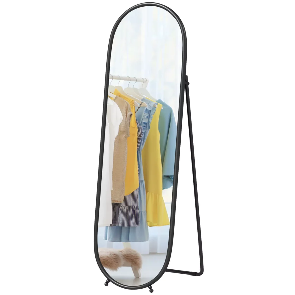 HOMCOM Viso ilgio veidrodis, 160 x 40 cm sieninis veidrodis su stovu, metalinis rėmas, ovalus stovintis veidrodis svetainei, miegamajam, juodas