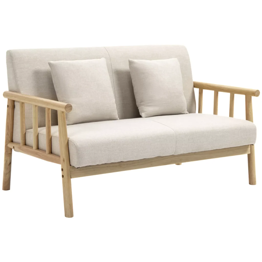 2 Vietų Sofa su 2 Juosmens Pagalvėlėmis | Minkšta Sofa su Mediniu Rėmu, Lino Išvaizdos, Smėlio Spalvos, Mažiems Kambariams