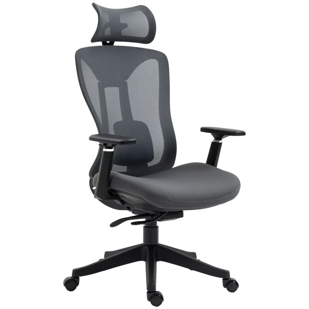Ergonomiška biuro kėdė su porankiais ir galvos atrama, tinklelis, pilka