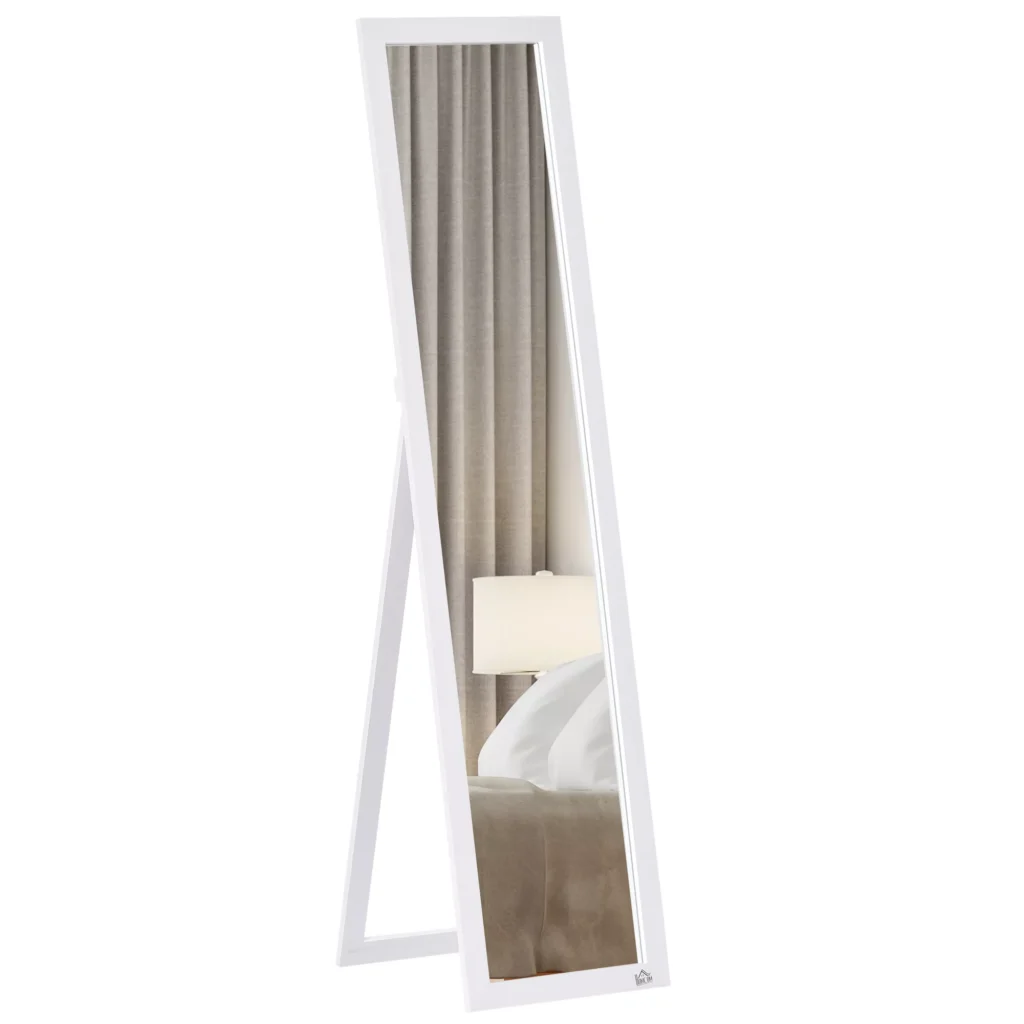 HOMCOM Viso ilgio veidrodis, 154 x 37 cm sieninis veidrodis su stovu, stovintis veidrodis svetainei, miegamajam, baltas