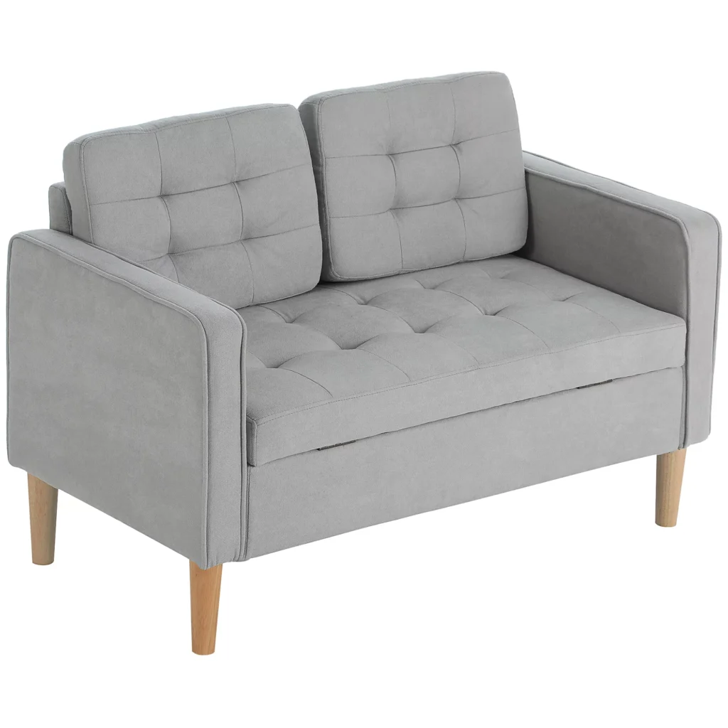 2 vietų sofa, sofa su daiktadėže, medinės kojos, minkšta sofa, dvivietė aksominė sofa svetainei, miegamajam, 117x 62 x 78 cm, šviesiai pilka