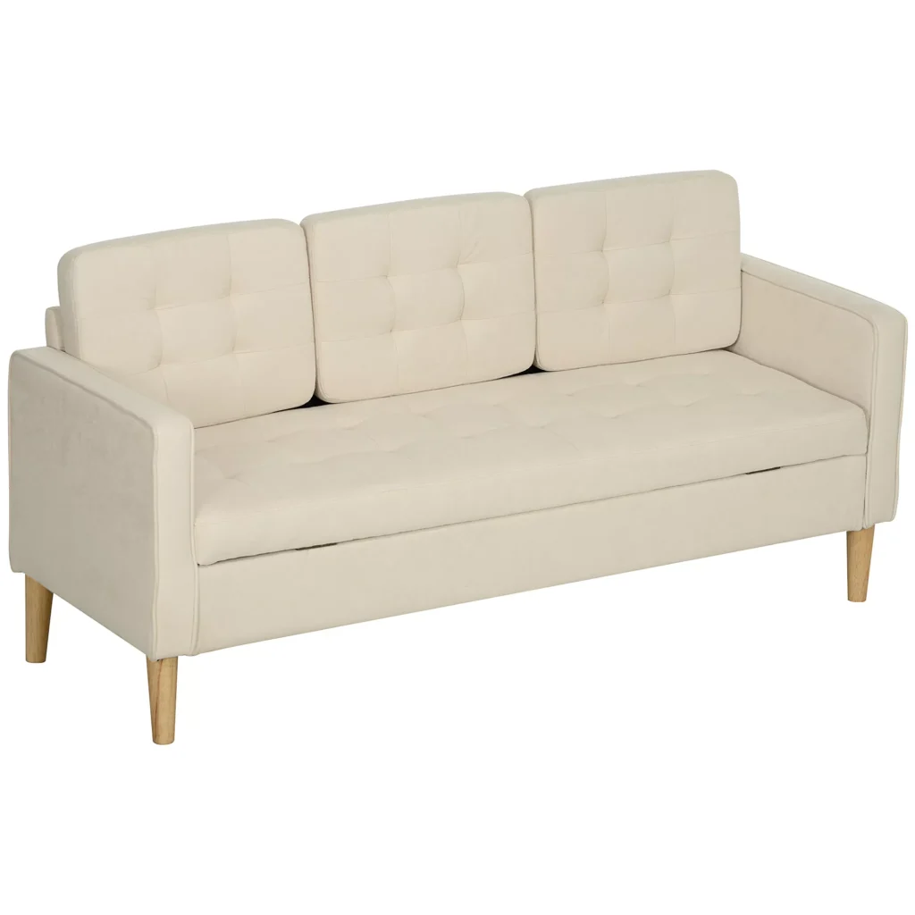 3 vietų sofa su daiktadėže, medinės kojos 166,5 x 62 x 82 cm, kreminė