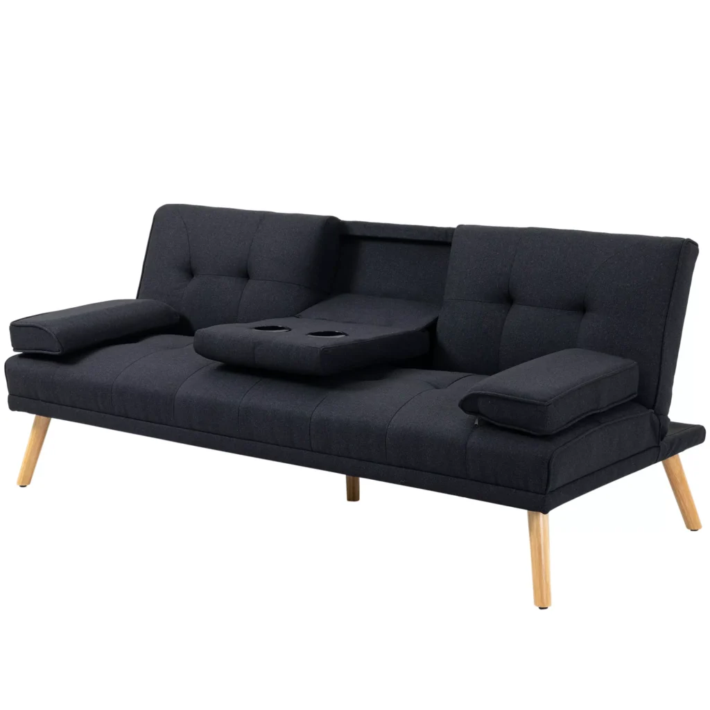Sofa-Lova 3 Vietų su Atlenkiamu Staliuku | Lininės Išvaizdos, Su Puodelio Laikikliu, Skandinaviško Dizaino, Iki 250 kg, Skirta Svetainei, Pilka