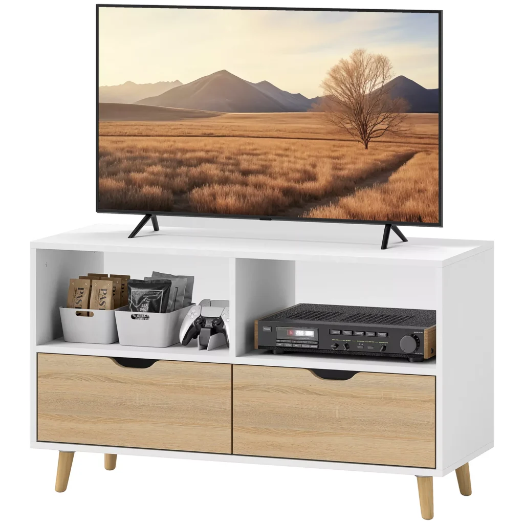 Televizoriaus Spintelė su 2 Lentynomis ir Stalčiumi | 99 cm Ilgio TV Staliukas Svetainėje, Balta
