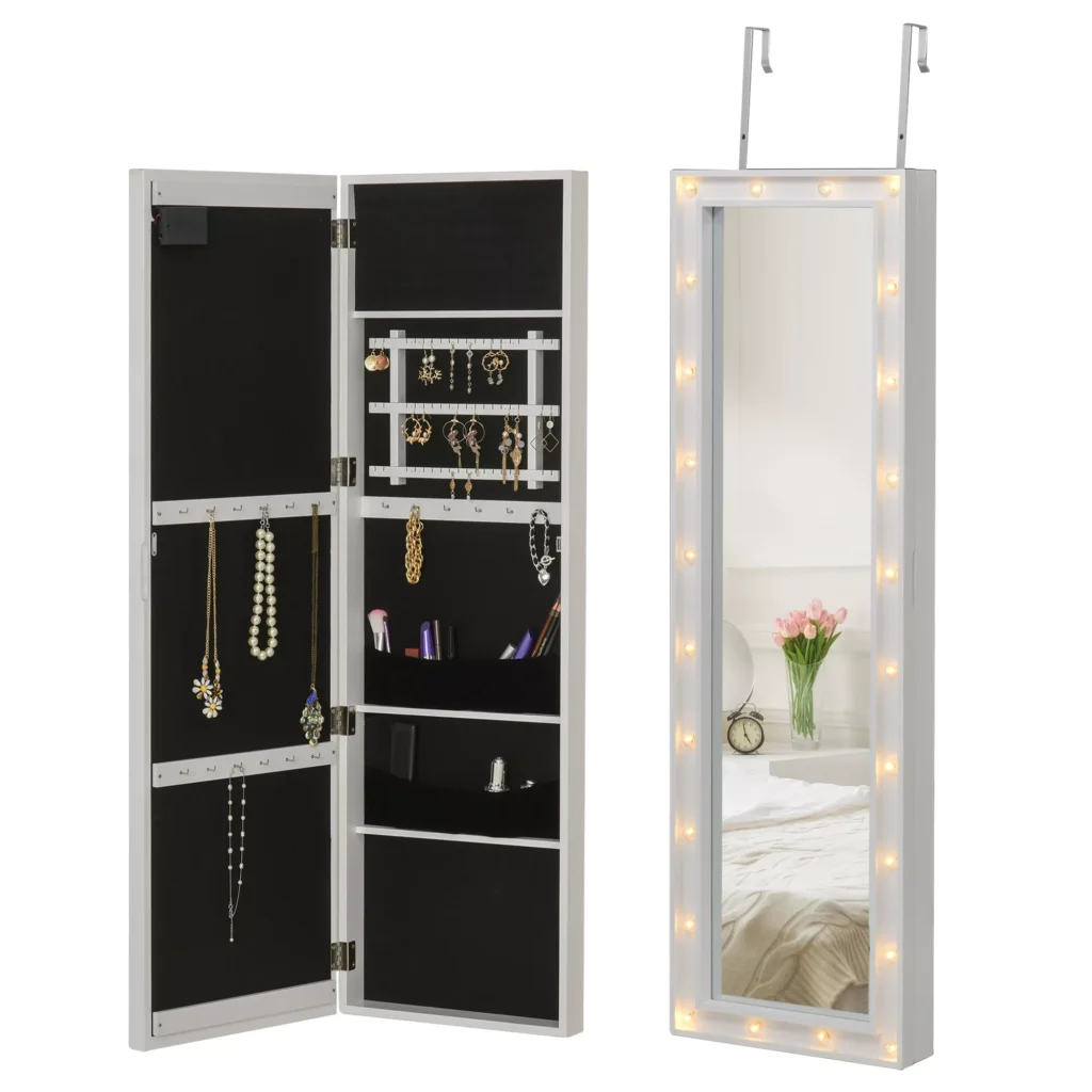 Veidrodinė Spintelė su LED Apšvietimu | Pakabinama Papuošalų Spintelė su Durų Tvirtinimu, MDF, Balta, 36,6 x 8 x 120 cm